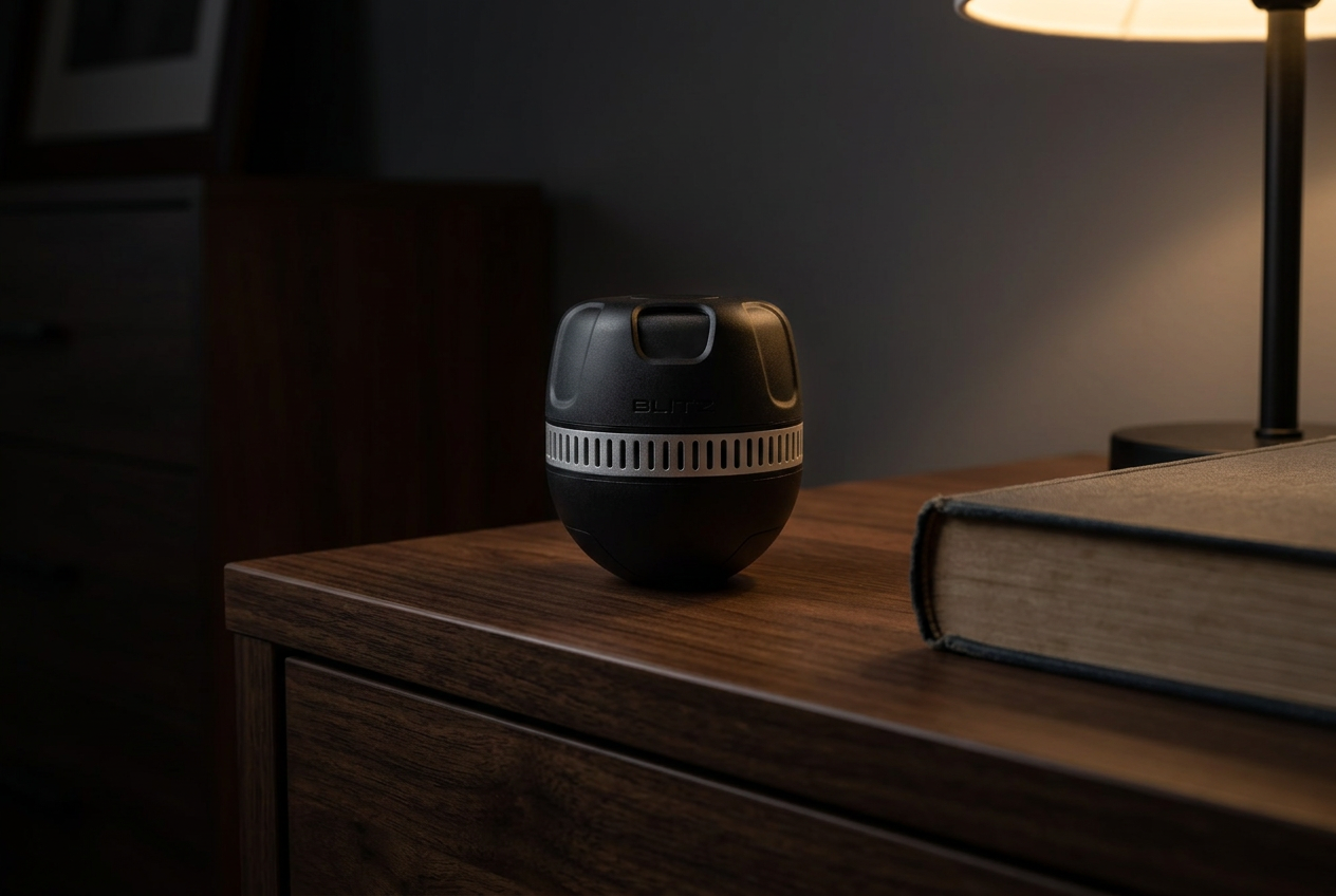 The Blitz Grenade on a dark walnut nightstand beside a book, lit by one warm lamp